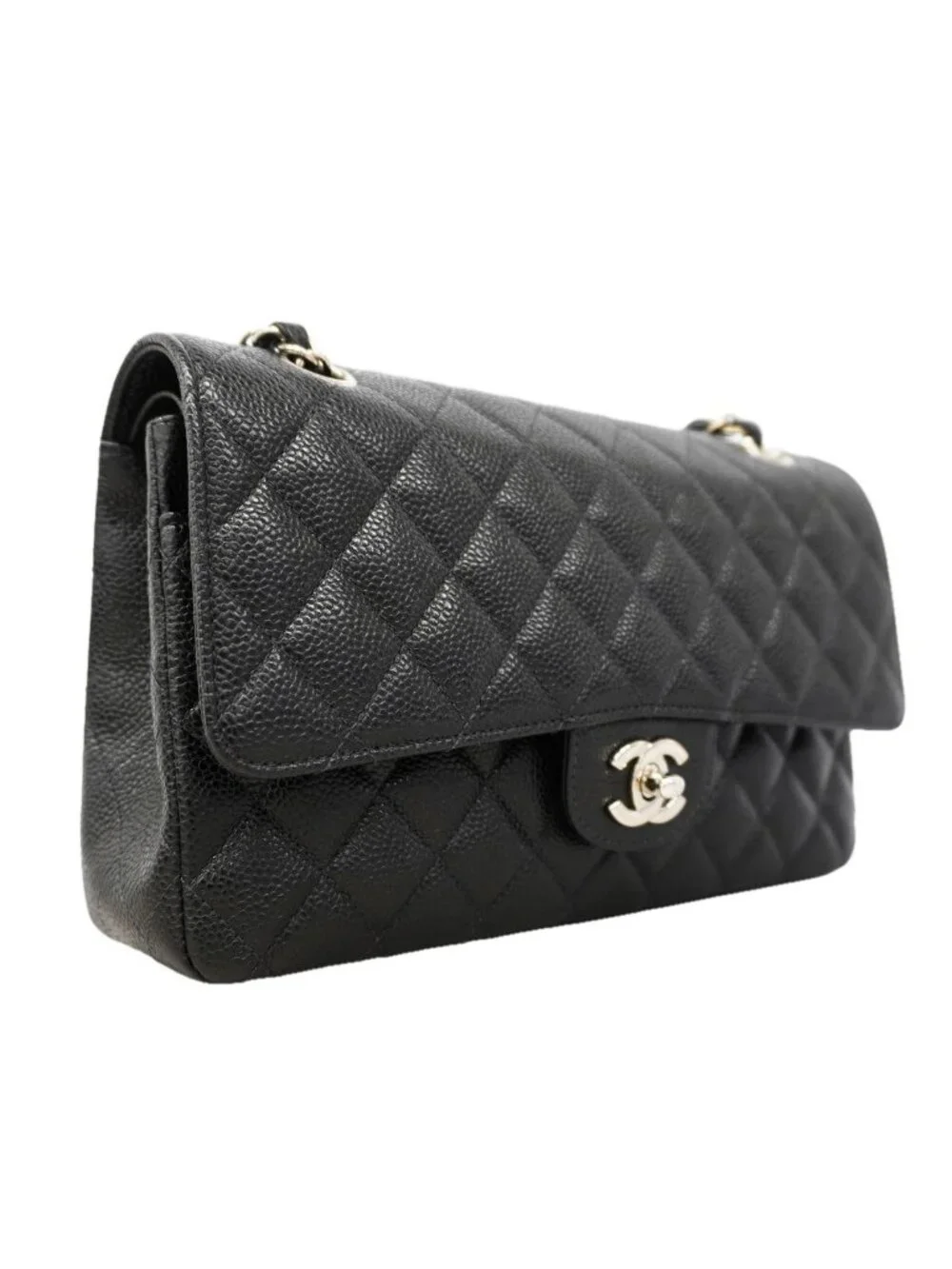 Chanel Shoulder Bag Quilted Caviar Leather Black Silver